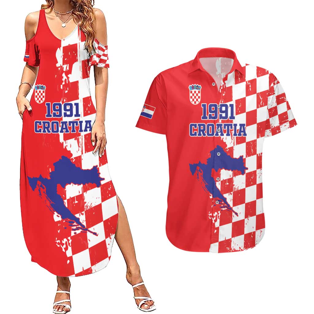 Custom Croatia Independence Day Couples Matching Summer Maxi Dress and Hawaiian Shirt Grunge Checkerboard Patterns With Map