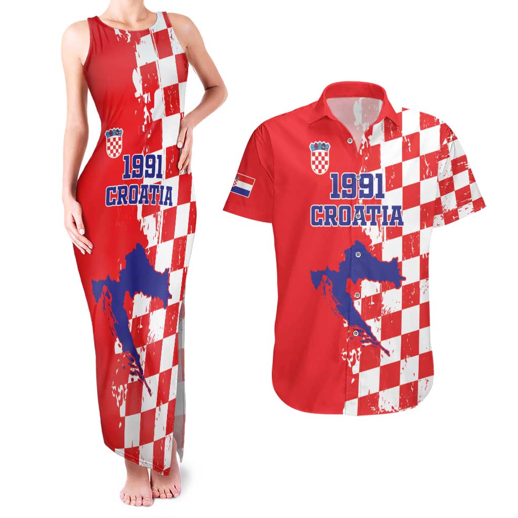 Custom Croatia Independence Day Couples Matching Tank Maxi Dress and Hawaiian Shirt Grunge Checkerboard Patterns With Map