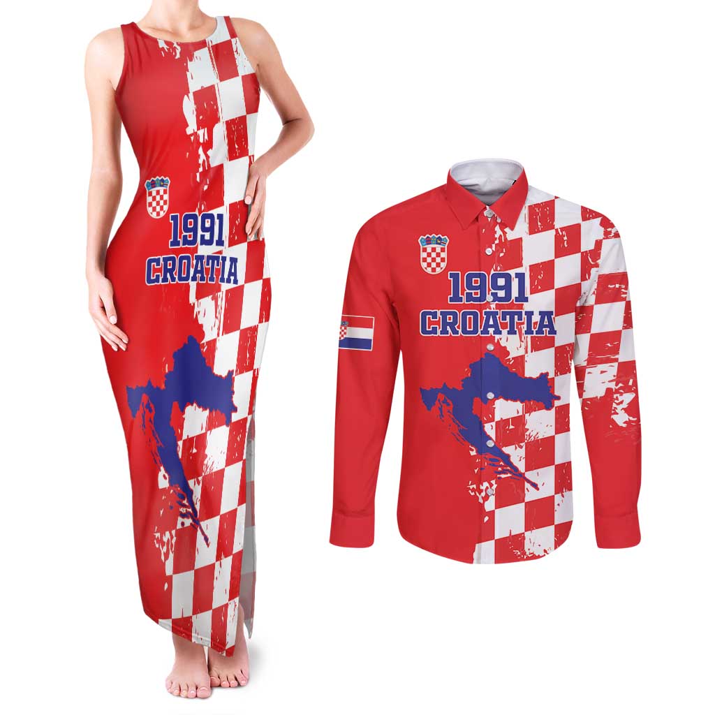 Custom Croatia Independence Day Couples Matching Tank Maxi Dress and Long Sleeve Button Shirt Grunge Checkerboard Patterns With Map