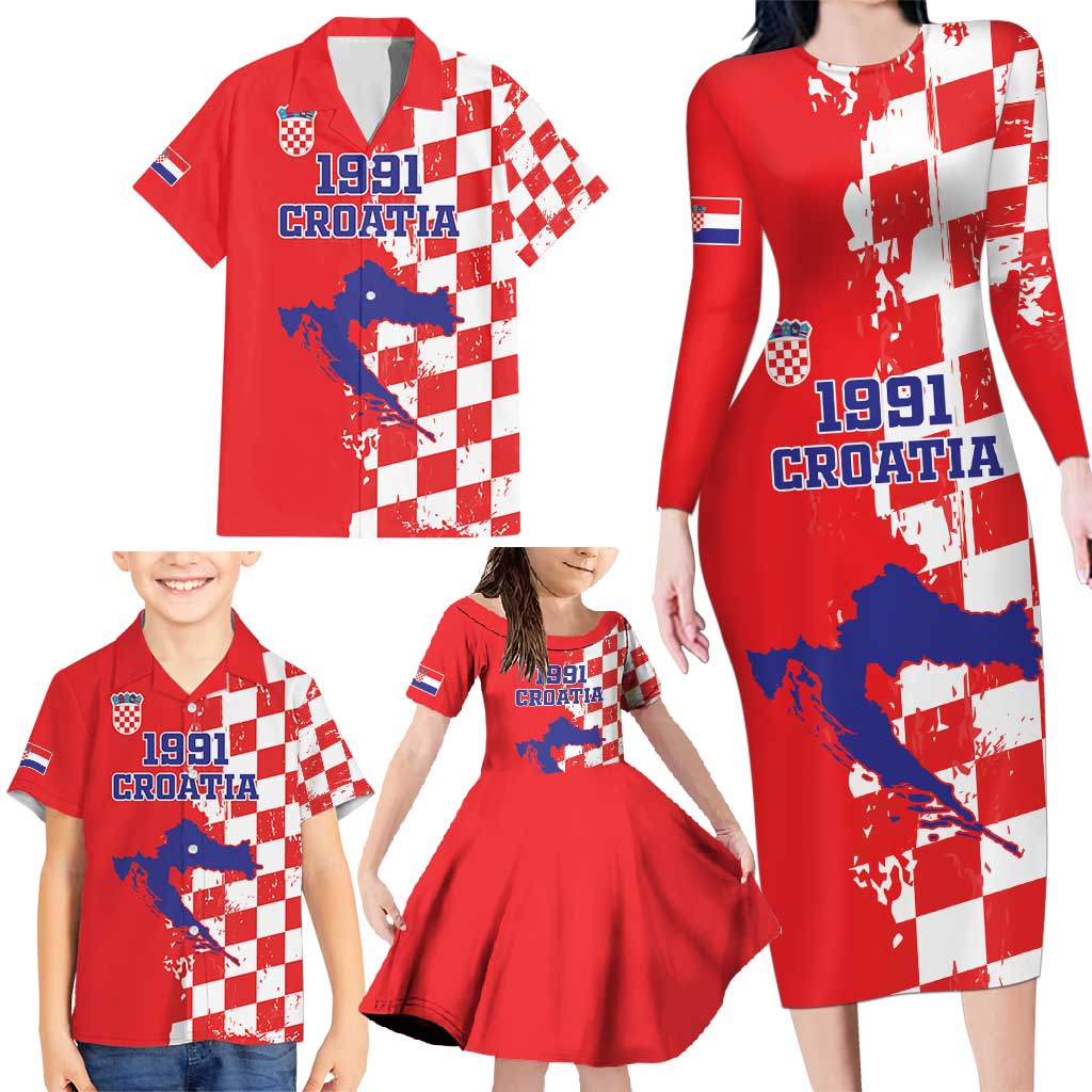 Custom Croatia Independence Day Family Matching Long Sleeve Bodycon Dress and Hawaiian Shirt Grunge Checkerboard Patterns With Map - Wonder Print Shop