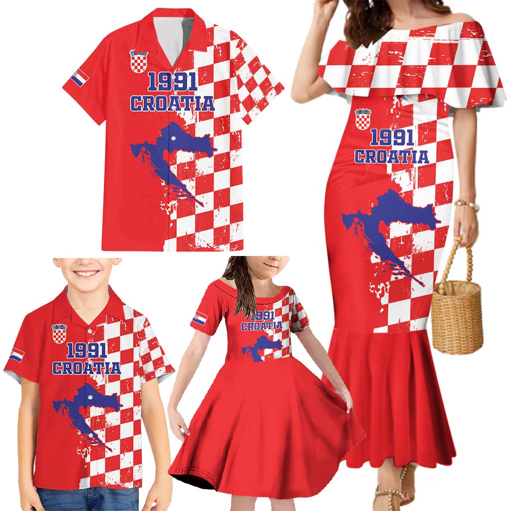 Custom Croatia Independence Day Family Matching Mermaid Dress and Hawaiian Shirt Grunge Checkerboard Patterns With Map - Wonder Print Shop