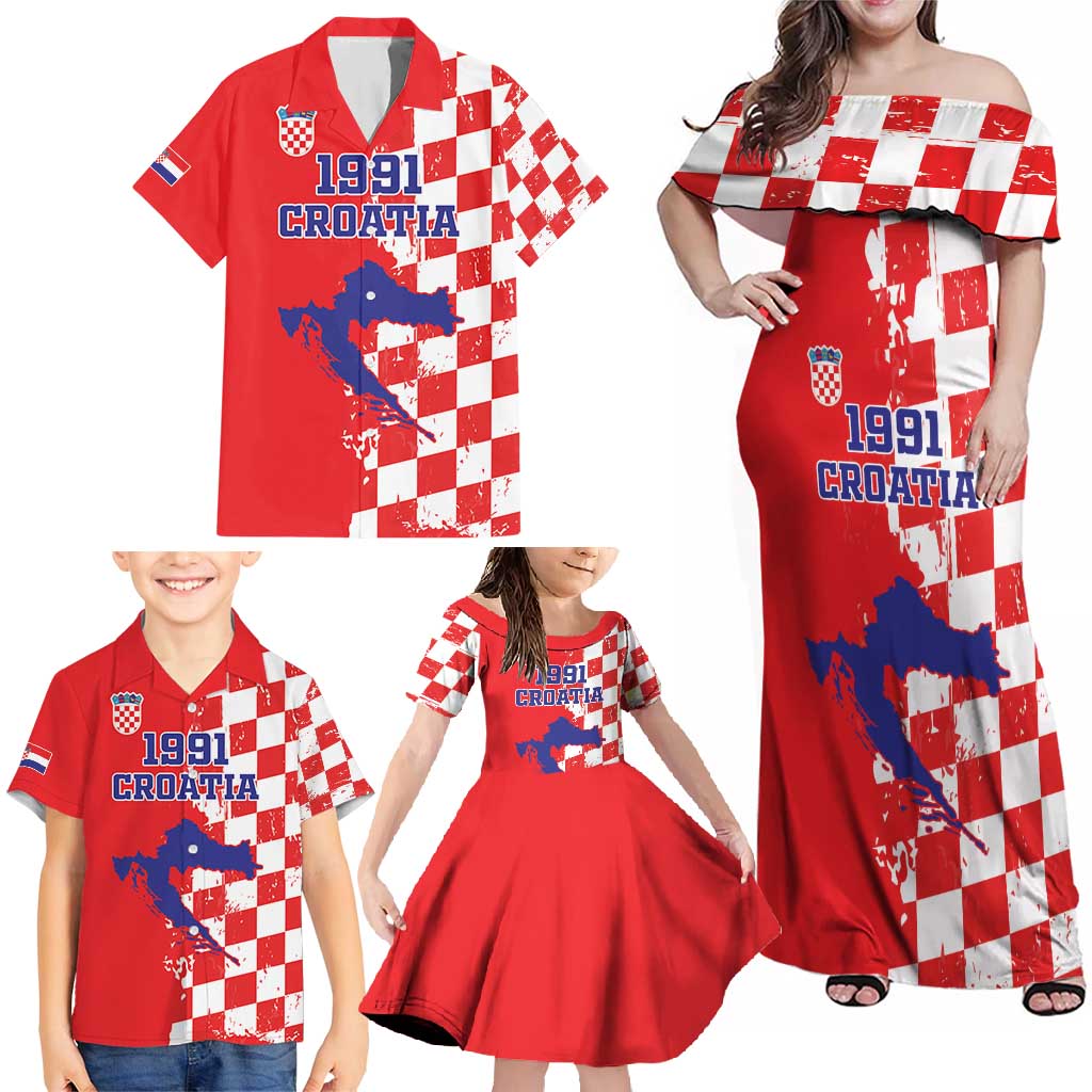 Custom Croatia Independence Day Family Matching Off Shoulder Maxi Dress and Hawaiian Shirt Grunge Checkerboard Patterns With Map - Wonder Print Shop