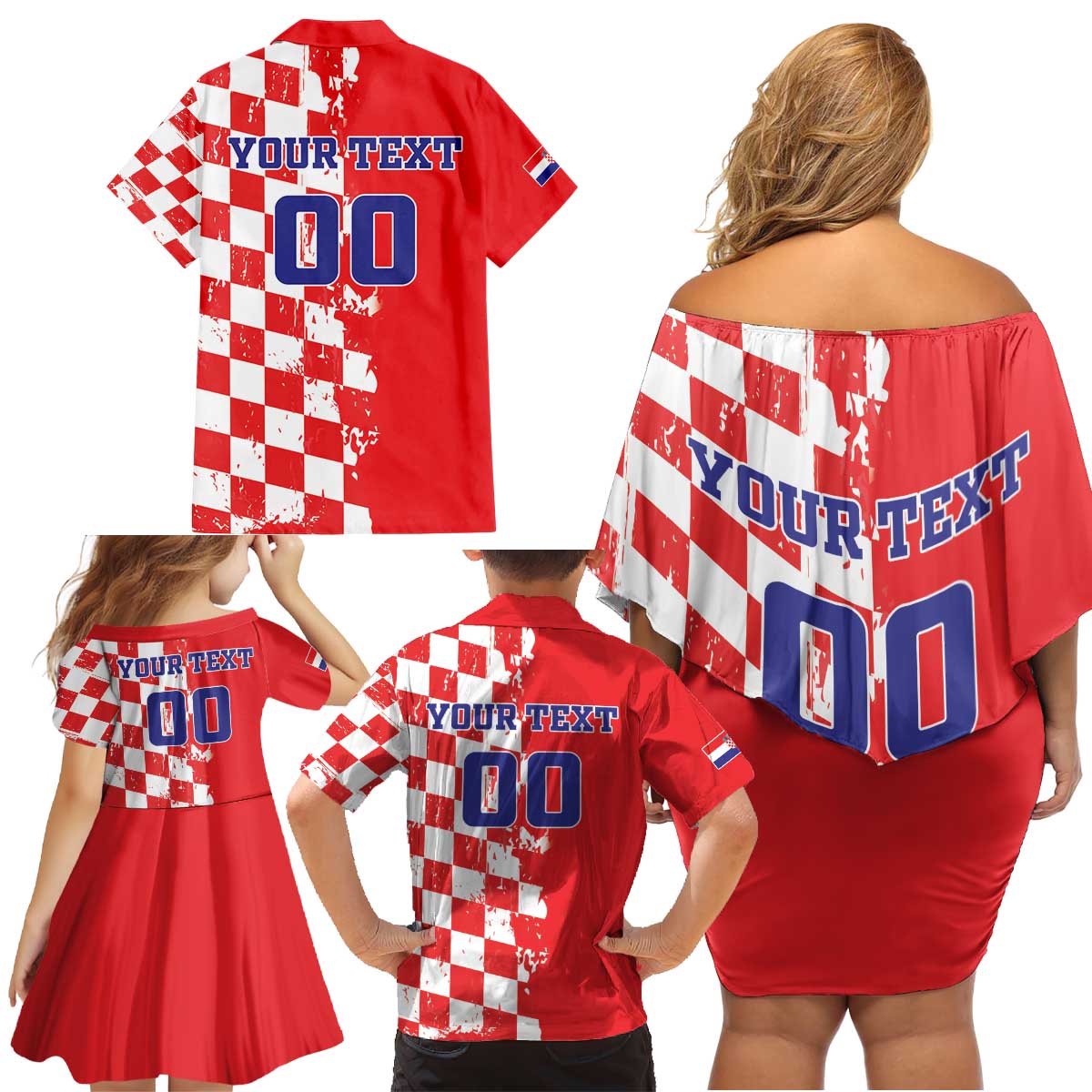 Custom Croatia Independence Day Family Matching Off Shoulder Short Dress and Hawaiian Shirt Grunge Checkerboard Patterns With Map - Wonder Print Shop