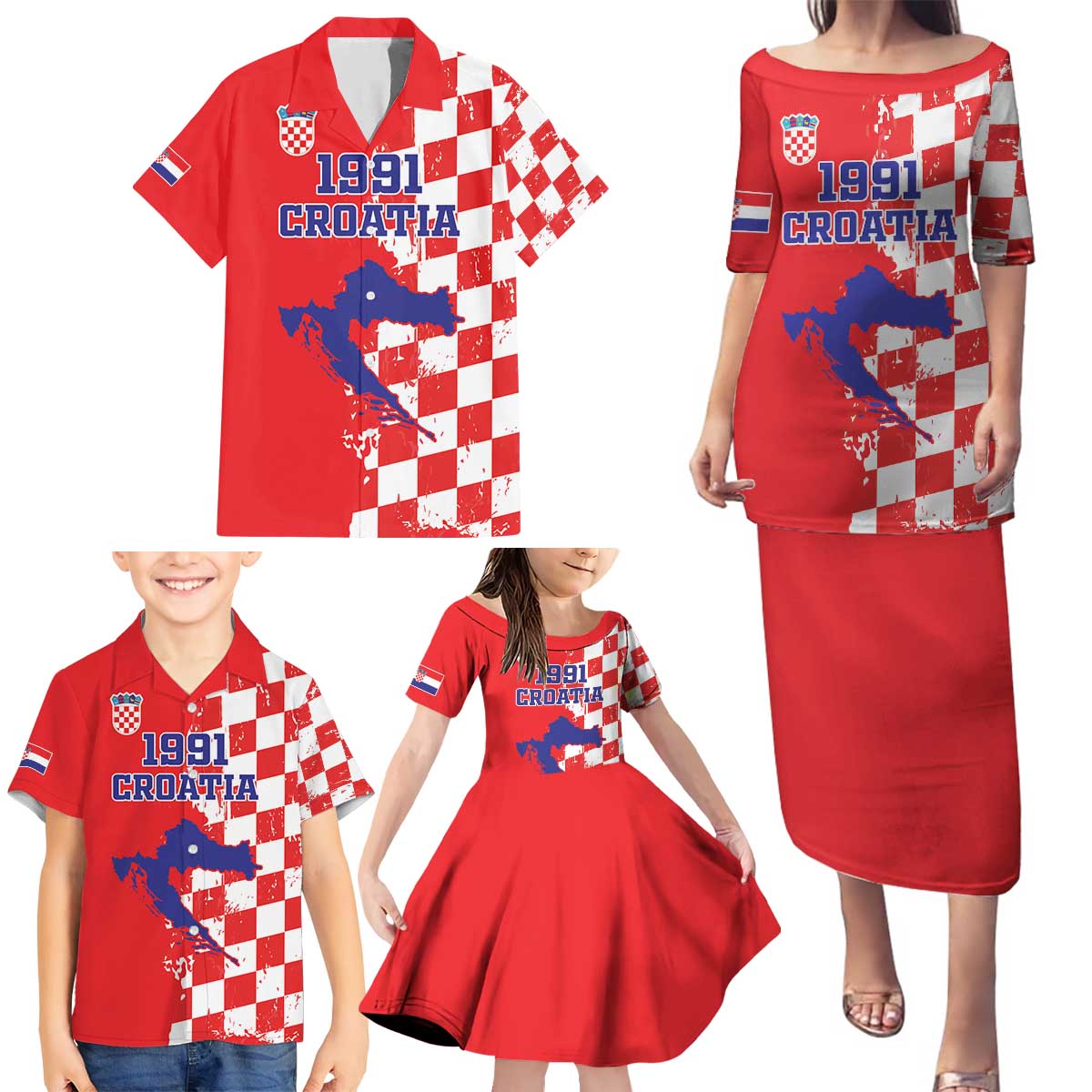 Custom Croatia Independence Day Family Matching Puletasi and Hawaiian Shirt Grunge Checkerboard Patterns With Map - Wonder Print Shop