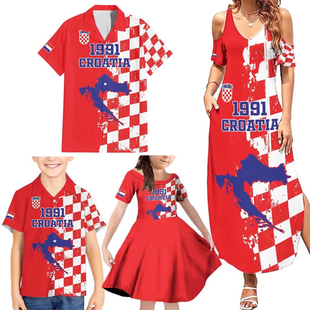 Custom Croatia Independence Day Family Matching Summer Maxi Dress and Hawaiian Shirt Grunge Checkerboard Patterns With Map - Wonder Print Shop