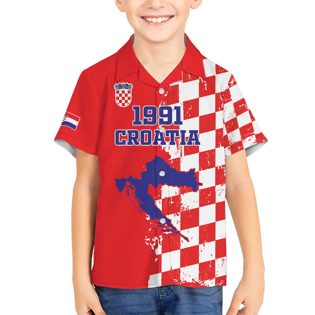 Custom Croatia Independence Day Kid Hawaiian Shirt Grunge Checkerboard Patterns With Map - Wonder Print Shop