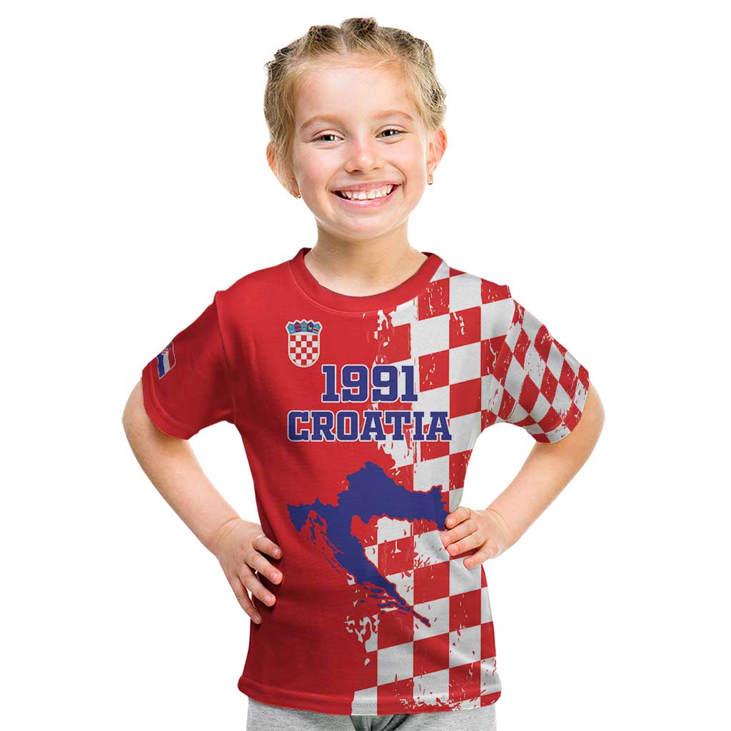 Custom Croatia Independence Day Kid T Shirt Grunge Checkerboard Patterns With Map - Wonder Print Shop