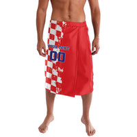 Red knee-length shorts with checkerboard map graphic and front print