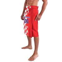 Red knee-length shorts with side checkerboard map graphic and elastic waistband