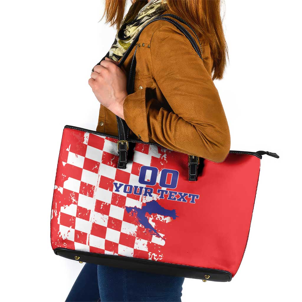 Custom Croatia Independence Day Leather Tote Bag Grunge Checkerboard Patterns With Map