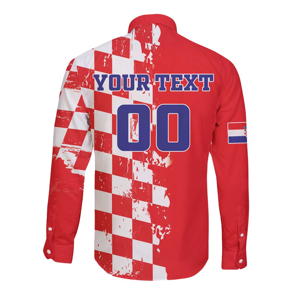 Red and white grunge checkerboard long-sleeve button-up shirt with large back print