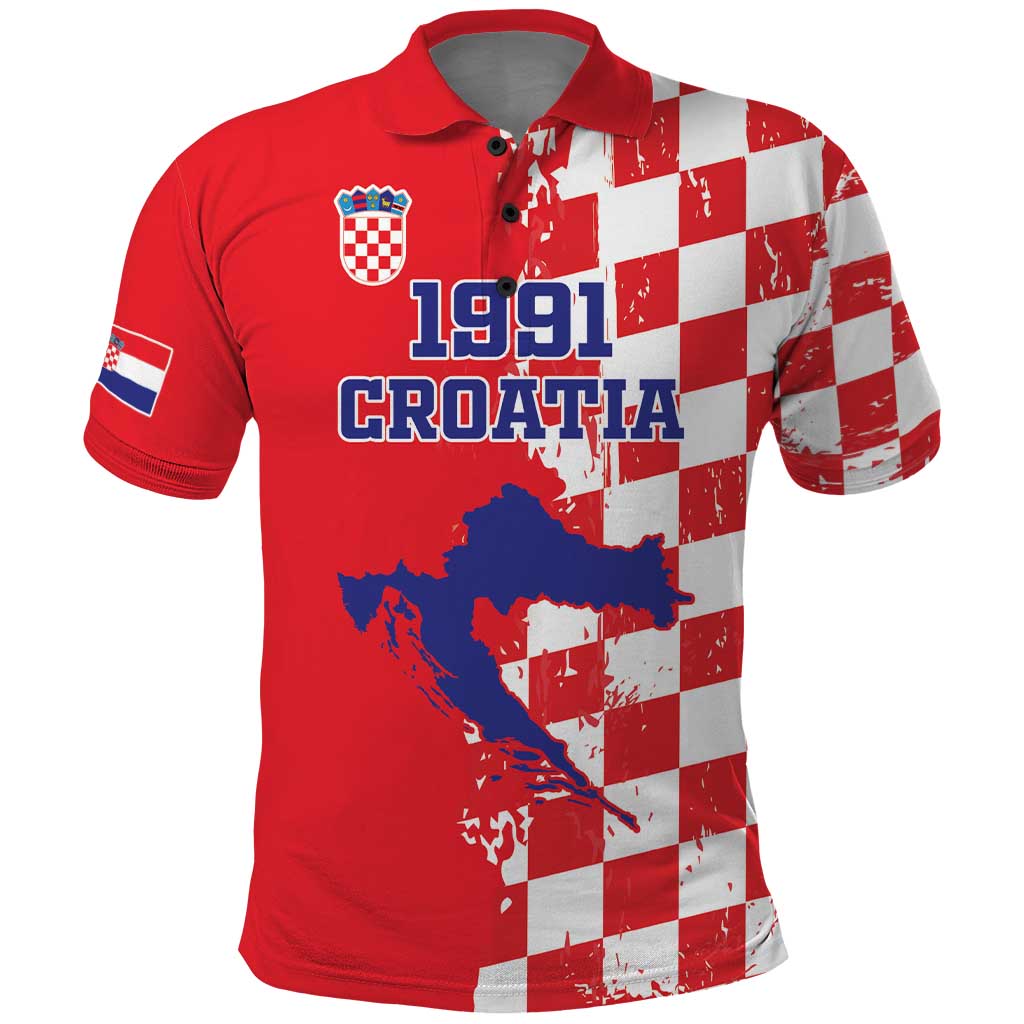 Custom Croatia Independence Day Polo Shirt Grunge Checkerboard Patterns With Map