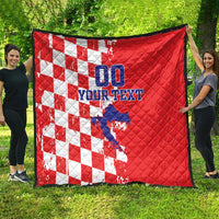 Red quilt with white checkered design, blue Croatia map, and '00 YOUR TEXT' text
