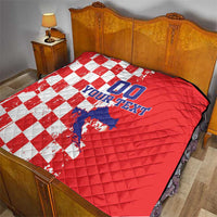 Red quilt with white checkered section, blue Croatia map, and '00 YOUR TEXT' lettering