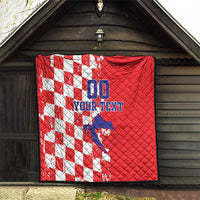 Red quilt with white checkered pattern, blue Croatia map, and '00 YOUR TEXT' graphic