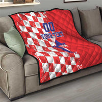 Red and white checkered quilt with blue Croatia map and '00 YOUR TEXT' on sofa