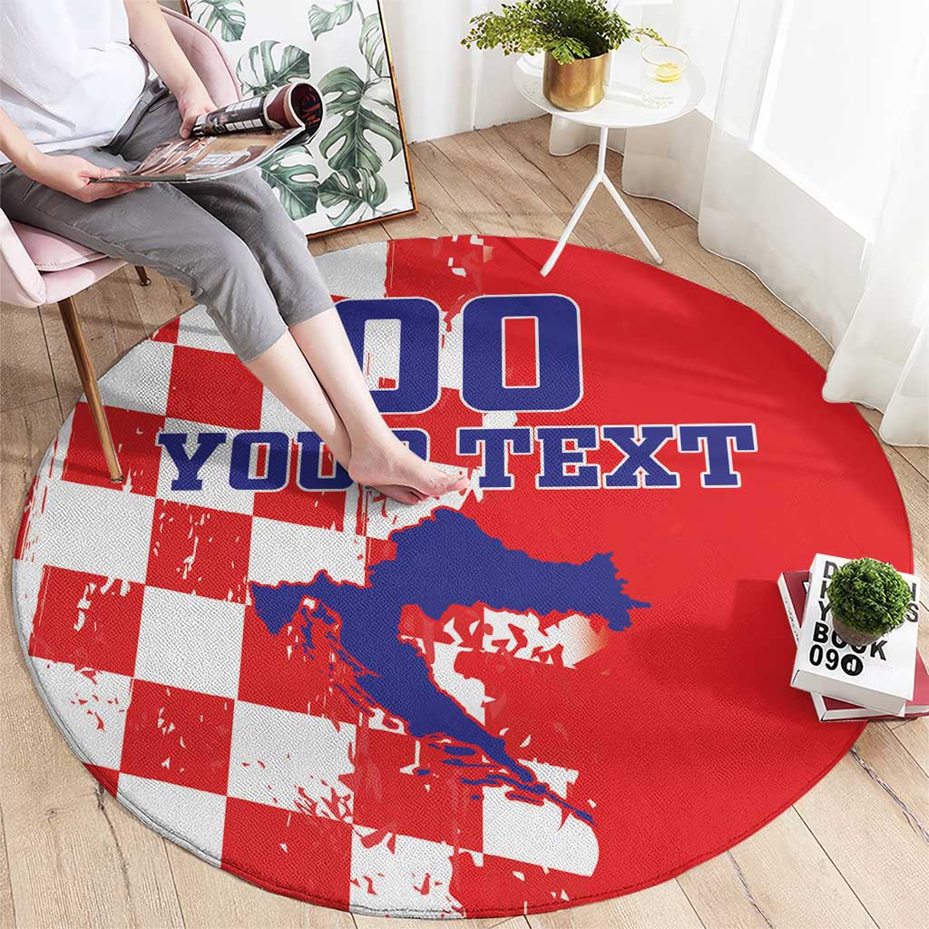Round red checkerboard map rug with blue map graphic and YOUR TEXT lettering
