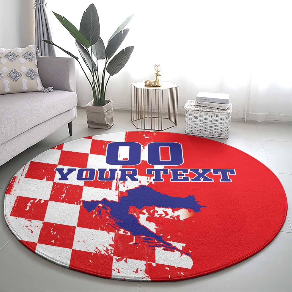 Round red checkerboard map rug with blue map graphic and YOUR TEXT lettering