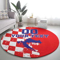 Round red checkerboard map rug with blue map graphic and YOUR TEXT lettering