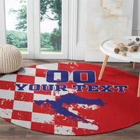 Round red checkerboard map rug with blue map graphic and YOUR TEXT lettering