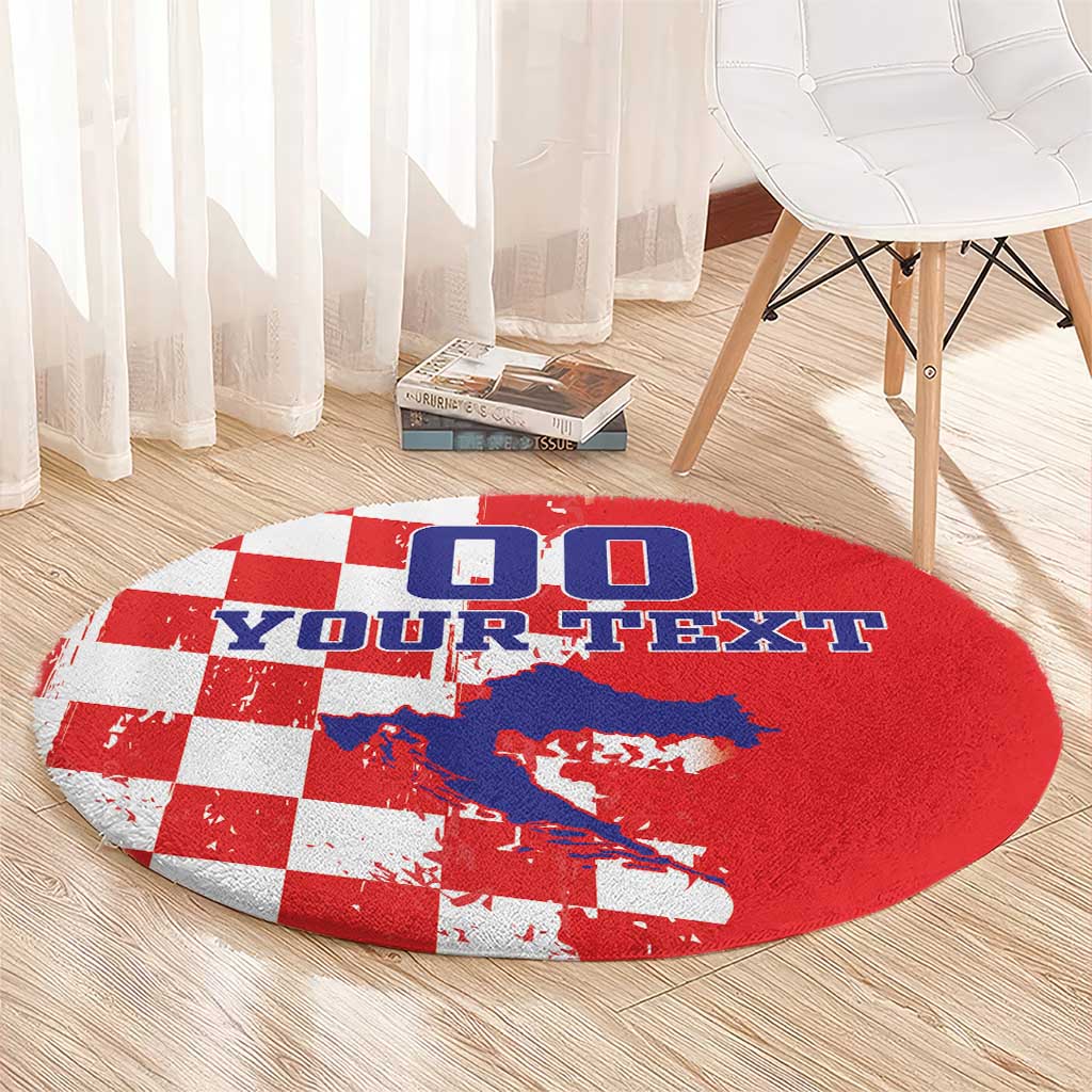 Round red checkerboard map rug with blue island graphic and YOUR TEXT letters