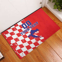 Red rubber doormat with checkered red-and-white design, blue Croatia map, custom text
