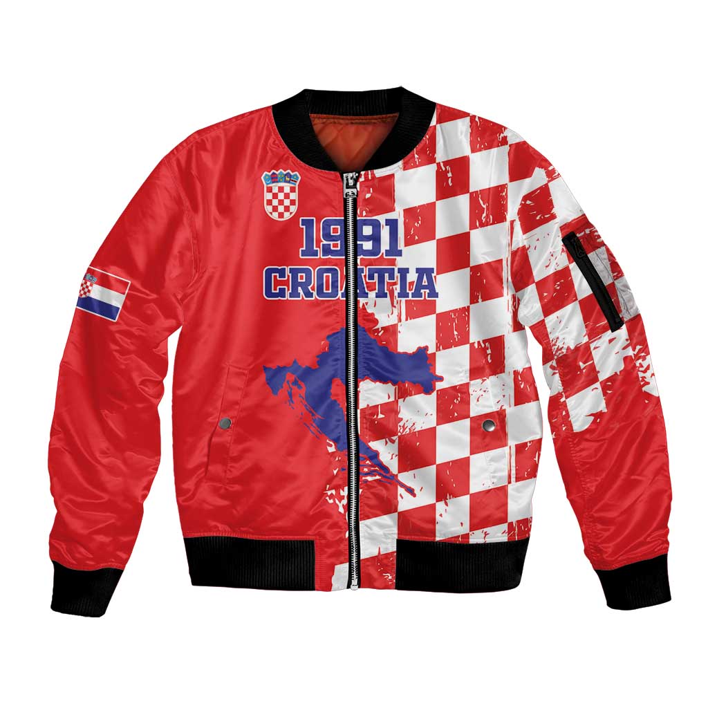 Custom Croatia Independence Day Sleeve Zip Bomber Jacket Grunge Checkerboard Patterns With Map - Wonder Print Shop