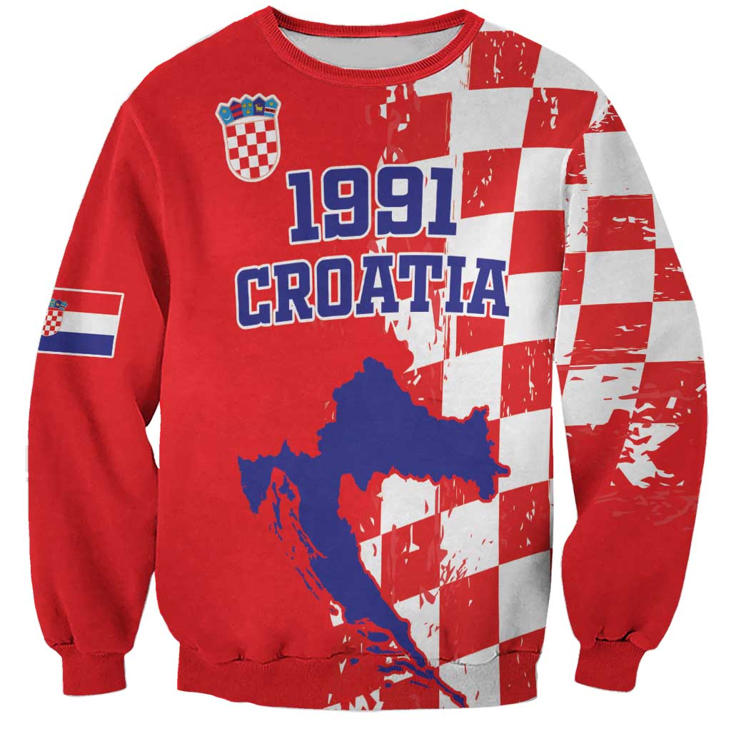 Red unisex sweatshirt with 1991 Croatia print, map, and grunge checkerboard sleeves