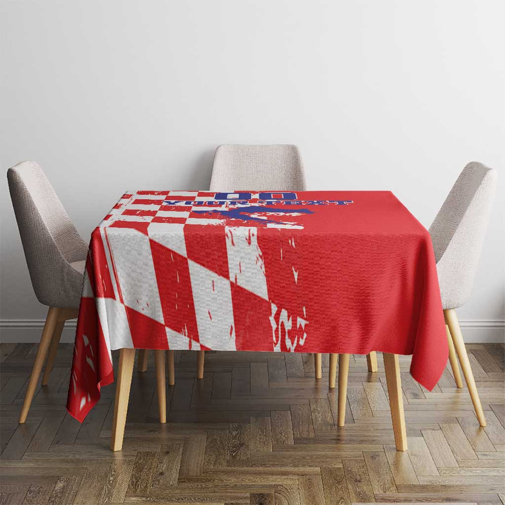 Red grunge checkerboard tablecloth with map graphic, shown on square table