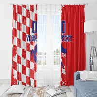 Red and white check window curtain pair with blue map graphic and “YOUR TEXT”