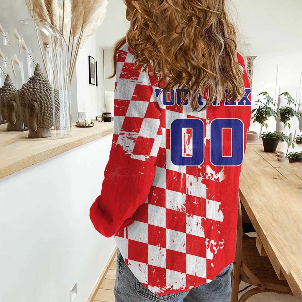 Custom Croatia Independence Day Women Casual Shirt Grunge Checkerboard Patterns With Map