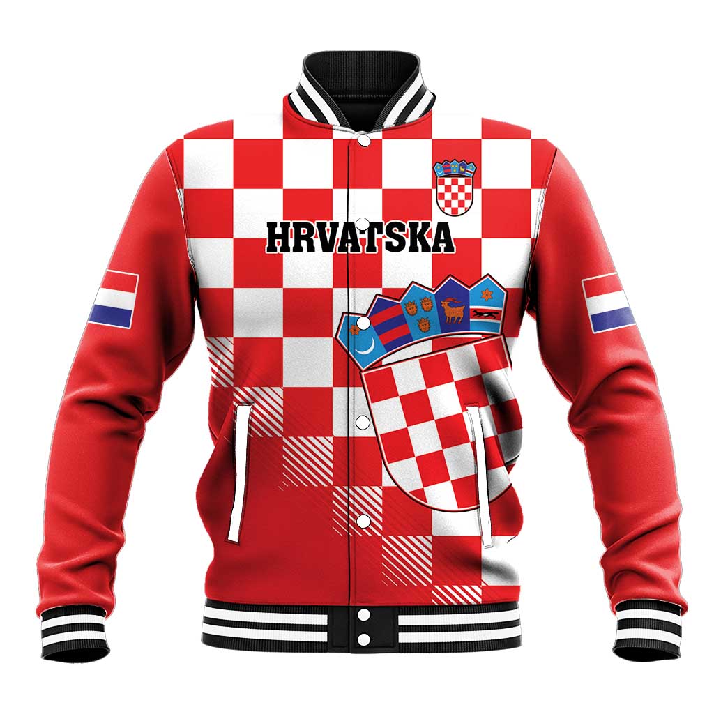 Red and white checkerboard baseball jacket with crest graphic and HRVATSKA text