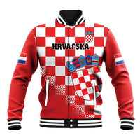 Red and white checkerboard baseball jacket with crest graphic and HRVATSKA text