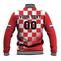 Red and white checkerboard baseball jacket back with custom text and large number graphic