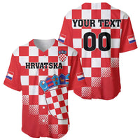 Red and white checkerboard baseball jersey with crest, flag patches, and 'YOUR TEXT 00'.