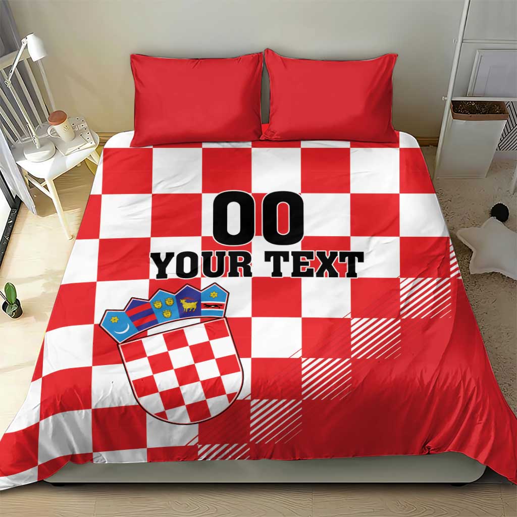 Red and white checkered duvet cover with two red pillows, crest shield and “00 YOUR TEXT”
