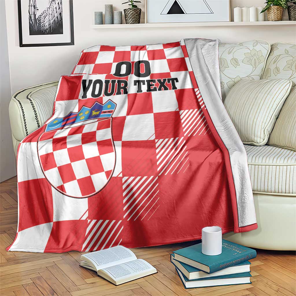 Croatia checkerboard custom blanket with red and white checks, crest graphic, “00 YOUR TEXT”