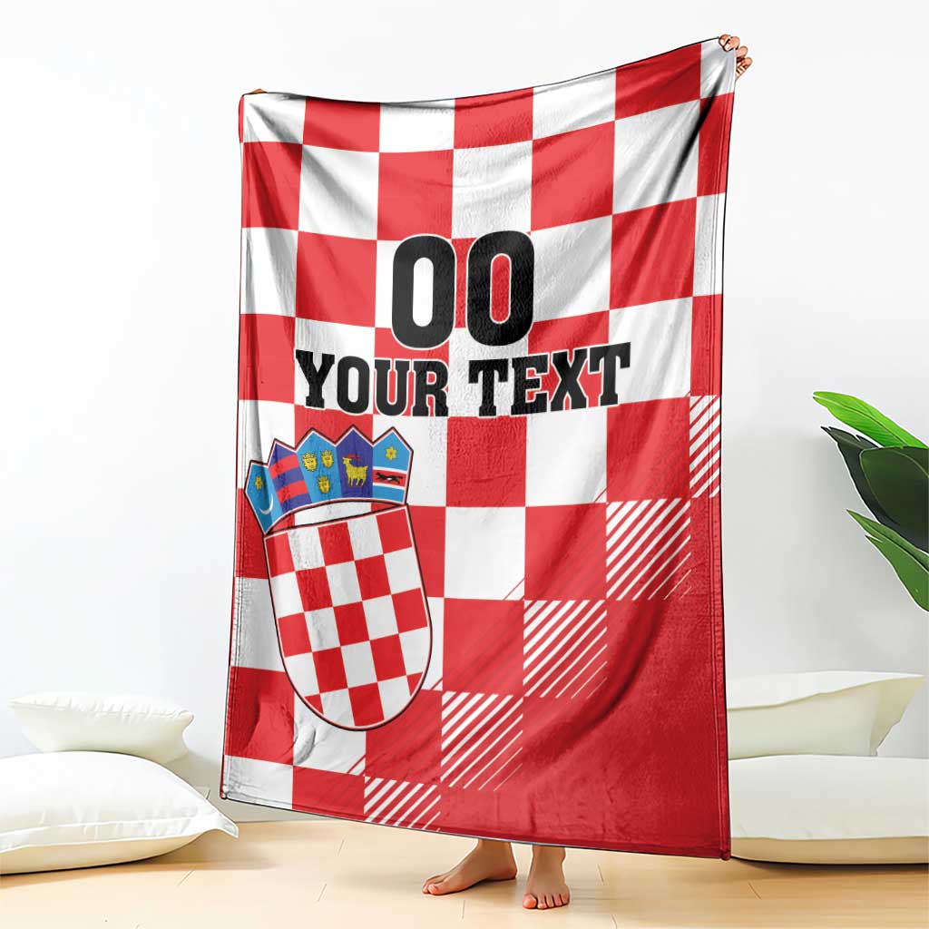 Croatia checkerboard custom blanket with red and white pattern, crest and “00 YOUR TEXT”