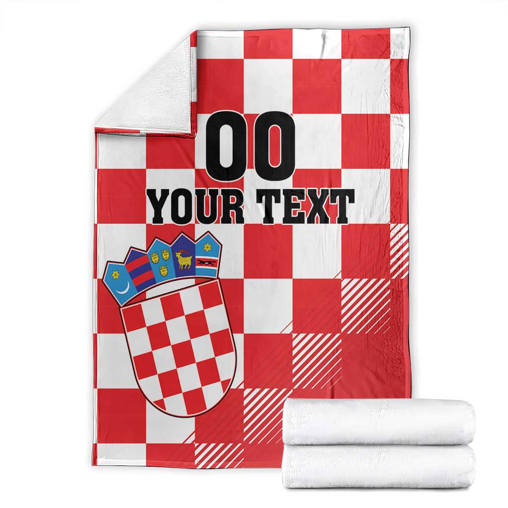 Croatia checkerboard custom blanket set, red and white checks, coat of arms, “00 YOUR TEXT”