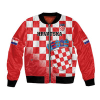 Red checkered bomber jacket with Croatia crest patch and striped cuffs