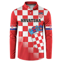Red checkerboard button sweatshirt with 'HRVATSKA' text and Croatian crest badge