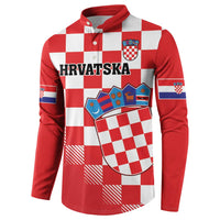 Red checkerboard button sweatshirt with HRVATSKA and crest graphic on chest
