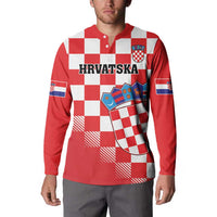 Red checkerboard button sweatshirt with HRVATSKA, Croatian crest and flag sleeve graphics