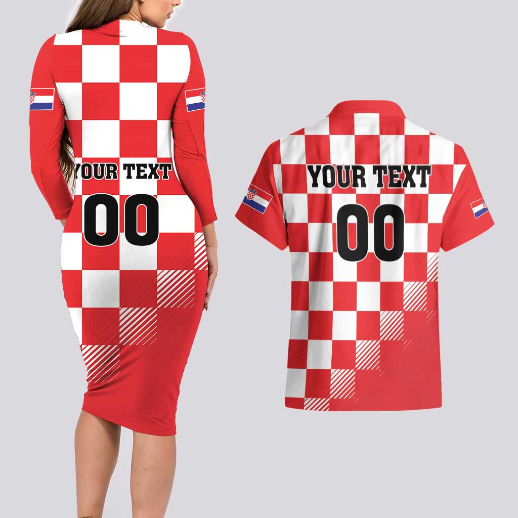 Custom Croatia Checkerboard Couples Matching Long Sleeve Bodycon Dress and Hawaiian Shirt With Coat Of Arms