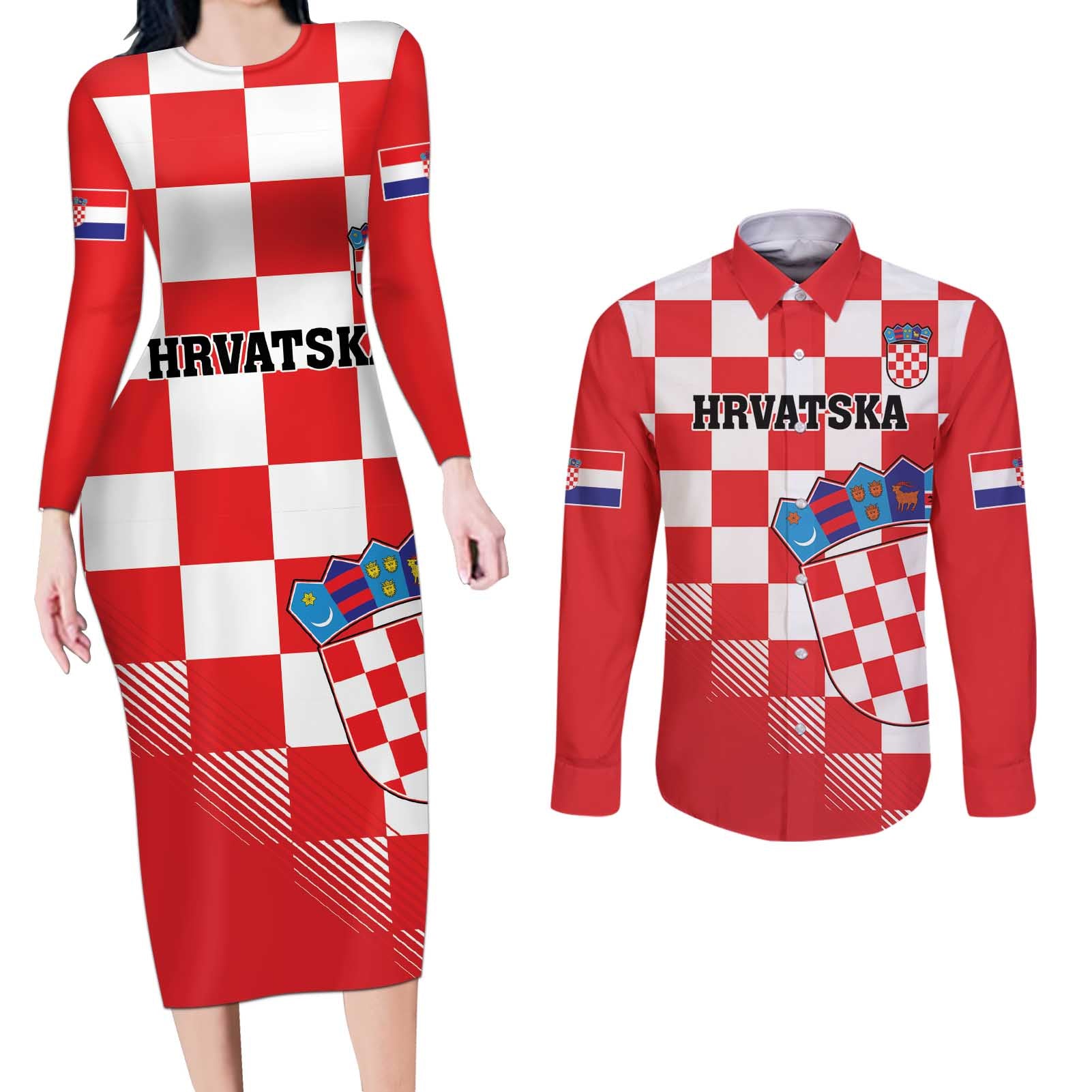 Custom Croatia Checkerboard Couples Matching Long Sleeve Bodycon Dress and Long Sleeve Button Shirt With Coat Of Arms