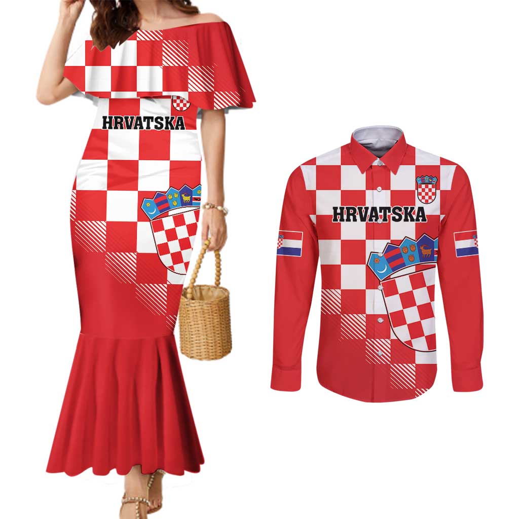 Custom Croatia Checkerboard Couples Matching Mermaid Dress and Long Sleeve Button Shirt With Coat Of Arms