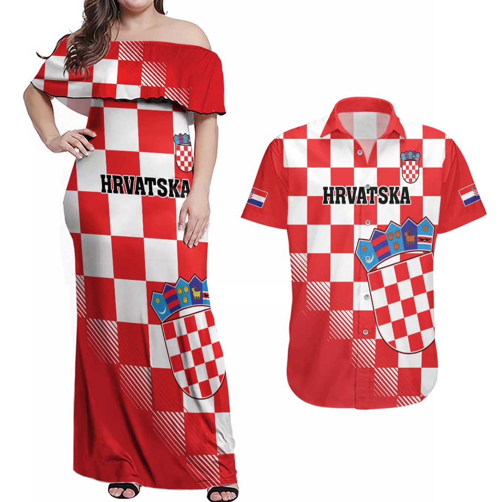 Custom Croatia Checkerboard Couples Matching Off Shoulder Maxi Dress and Hawaiian Shirt With Coat Of Arms