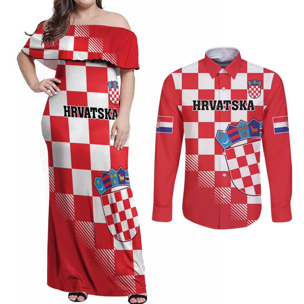 Custom Croatia Checkerboard Couples Matching Off Shoulder Maxi Dress and Long Sleeve Button Shirt With Coat Of Arms