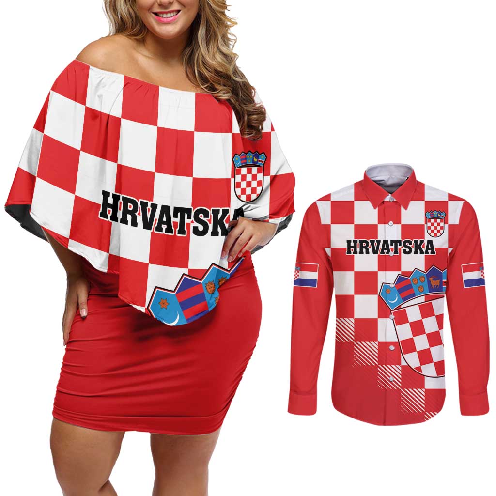 Custom Croatia Checkerboard Couples Matching Off Shoulder Short Dress and Long Sleeve Button Shirt With Coat Of Arms