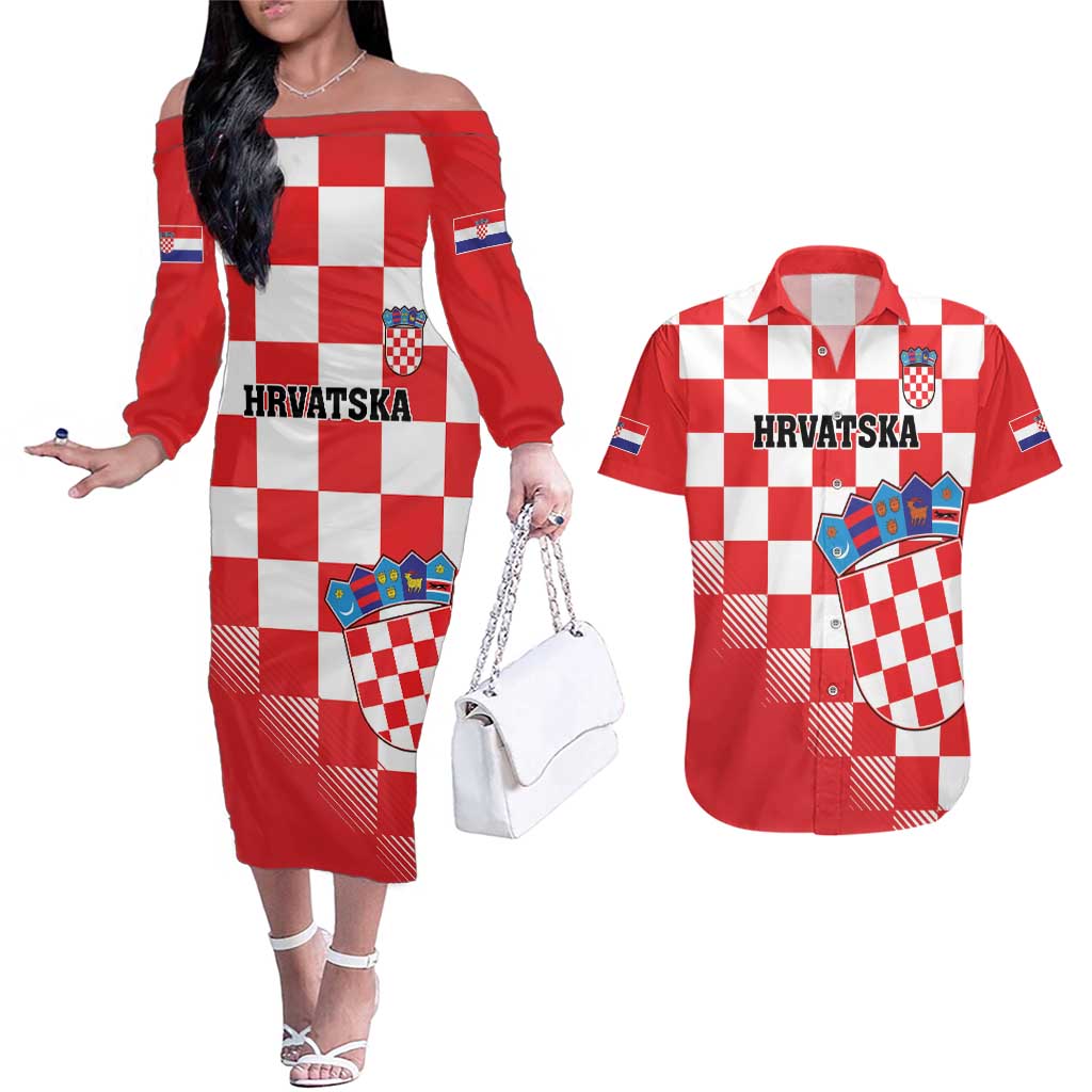 Custom Croatia Checkerboard Couples Matching Off The Shoulder Long Sleeve Dress and Hawaiian Shirt With Coat Of Arms